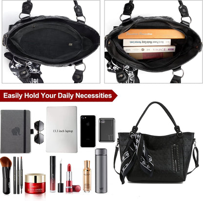 Zuoge Women’s Skull Tote Bag - Studded PU Leather Handbag with Purse & Scarf Set (3 Pieces)