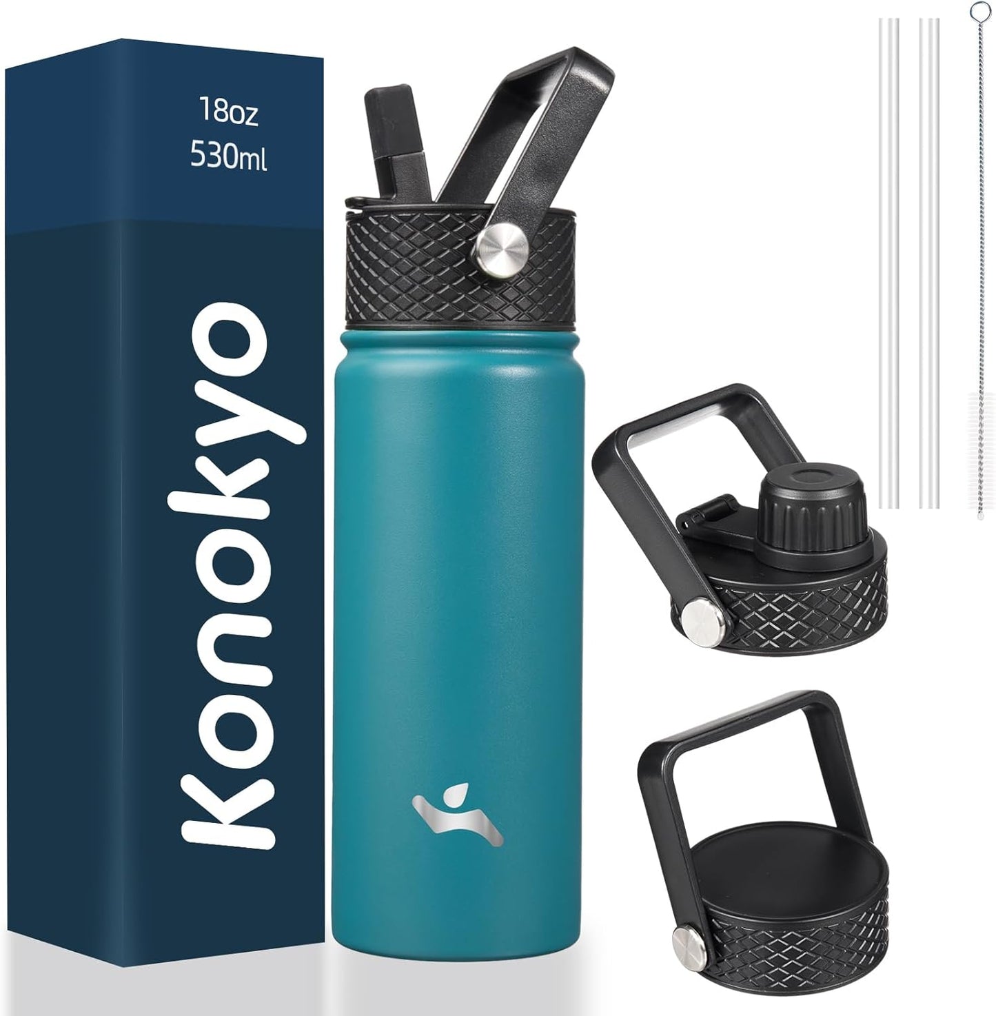 Skiennix 18 oz Insulated Stainless Steel Water Bottle - Durable Sport Bottle with 3 Lids | Light Blue