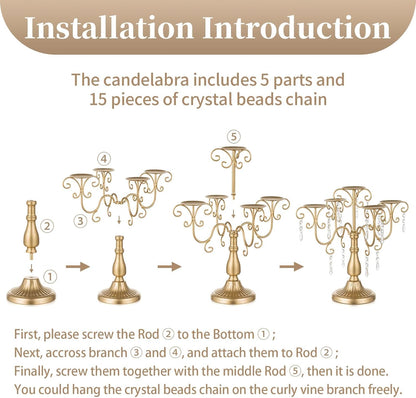 Sziqiqi Gold Candelabra Centerpiece - 5 Arm Pillar Candle Holder with Crystal Beads for Weddings & Holidays