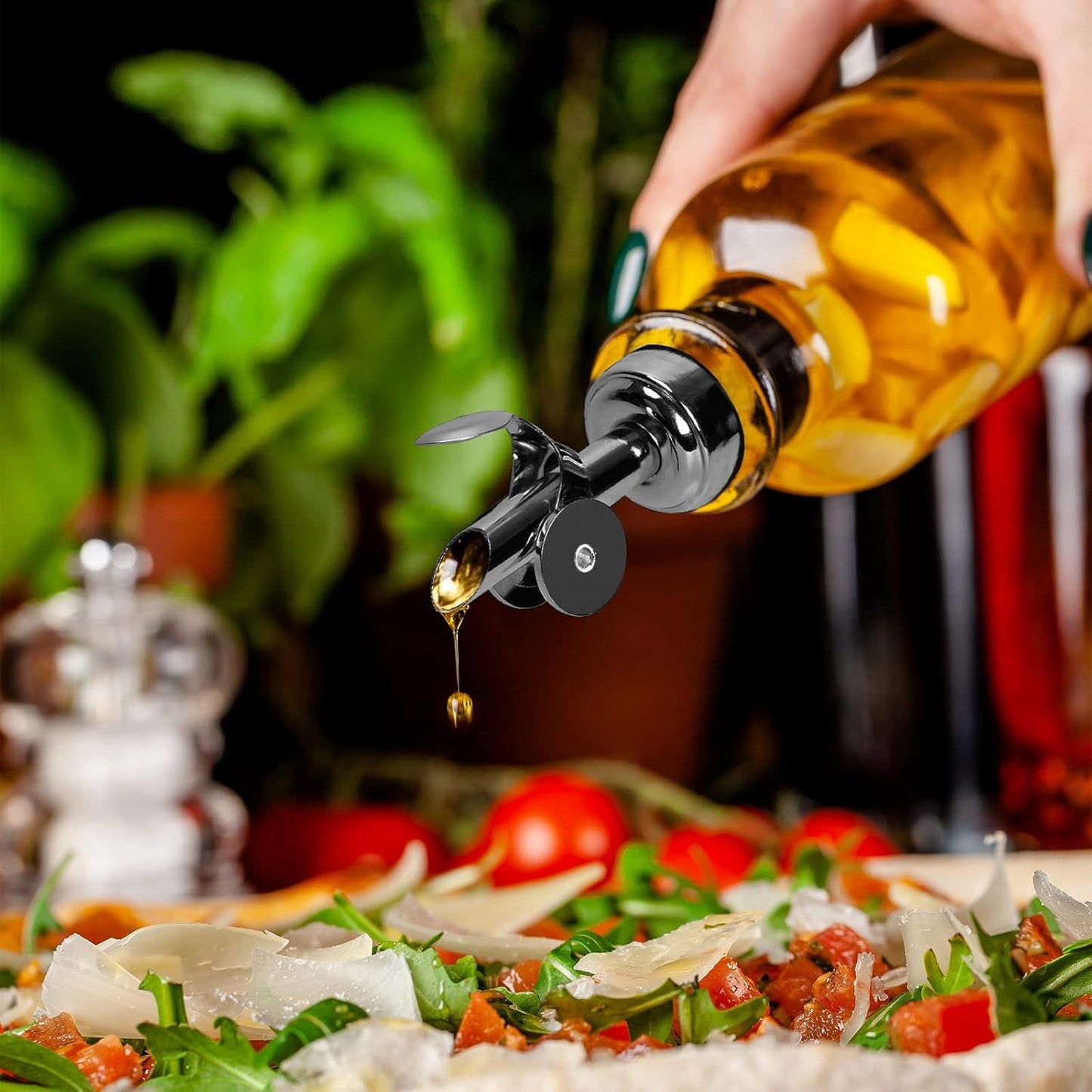 WAFJAMF 2 Pcs Weighted Stainless Steel Bottle Pourers, Self Closing Olive Oil Dispenser Spout, Auto Flip Feature Liquor Pour Spouts for Pours Liquid, Olive Oil, Wine, Vinegar (Black)……