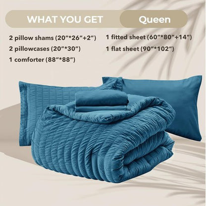 HYMOKEGE Teal Queen Comforter Set - 7-Piece All-Season Luxury Bedding Set with Sheets & Pillowcases