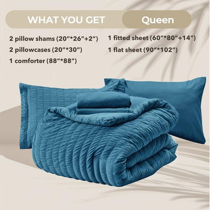 HYMOKEGE Teal Queen Comforter Set Seersucker 7 Pieces, All Season Luxury Bed in a Bag for Bedroom, Bedding Set with Comforters, Sheets, Pillowcases & Shams