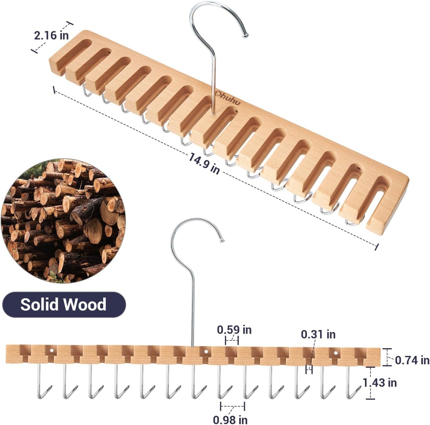 Ohuhu Belt Hanger Organizer - 2-in-1 Wall Mount with 14 Slots & 13 Hooks | 360° Rotating Wooden Storage for Belts, Ties & Scarves