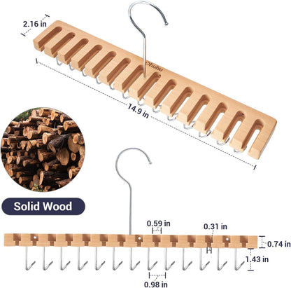 Ohuhu Belt Hanger Organizer - 2-in-1 Wall Mount with 14 Slots & 13 Hooks | 360° Rotating Wooden Storage for Belts, Ties & Scarves