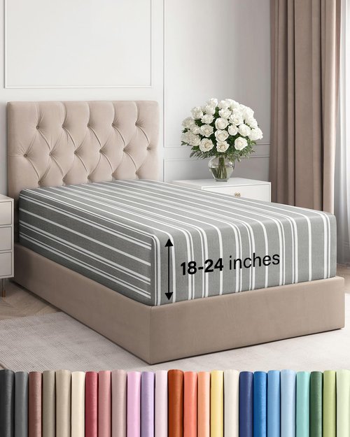 Extra Deep Twin XL Fitted Sheet - Hotel Luxury Single Fitted Sheet Only - Easily Fits 18 inch to 24 inch Mattress - Ultra Soft, Wrinkle Free w/Extra Deep Pockets - Breathable & Comfy - Grey Stripes