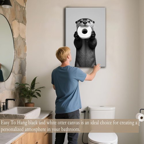 Funny Otter Wall Art - Humorous Black and White Canvas Print for Bathroom Decor | 12x16''
