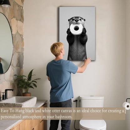 Funny Otter Wall Art - Humorous Black and White Canvas Print for Bathroom Decor | 12x16''