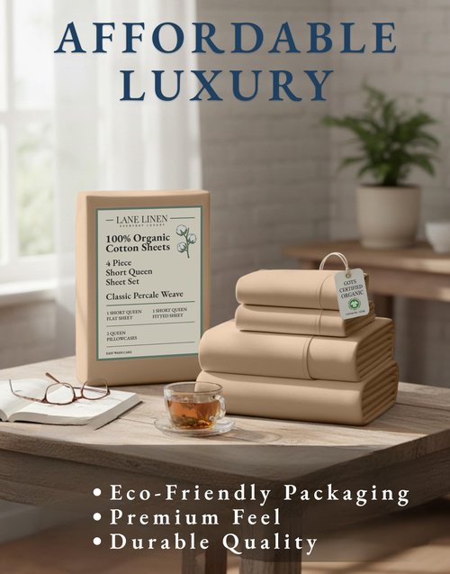 LANE LINEN 100% Organic Cotton RV Queen Sheet Sets, 4Pc Cotton Bed Sheets Short Queen Size, Percale Weave, Luxury Hotel Sheets RV Queen Size, Breathable RV Queen Sheet Deep Pocket Upto 15" - Taupe