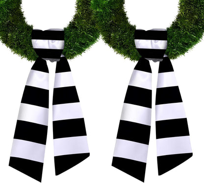Skiennix Christmas Wreath Sash Set - Black & White Striped Burlap for Front Door & Baby Showers