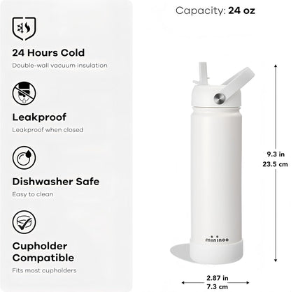 Mininoo Insulated Stainless Steel Water Bottle - 24 oz with Straw & Lid | Durable White Design