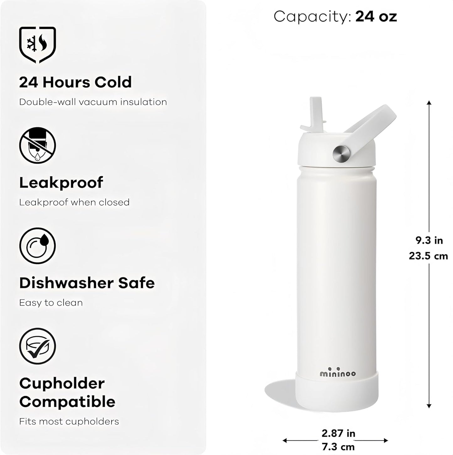 Mininoo Insulated Stainless Steel Water Bottle - BPA-Free, Leak-Proof Design, 24 oz, White