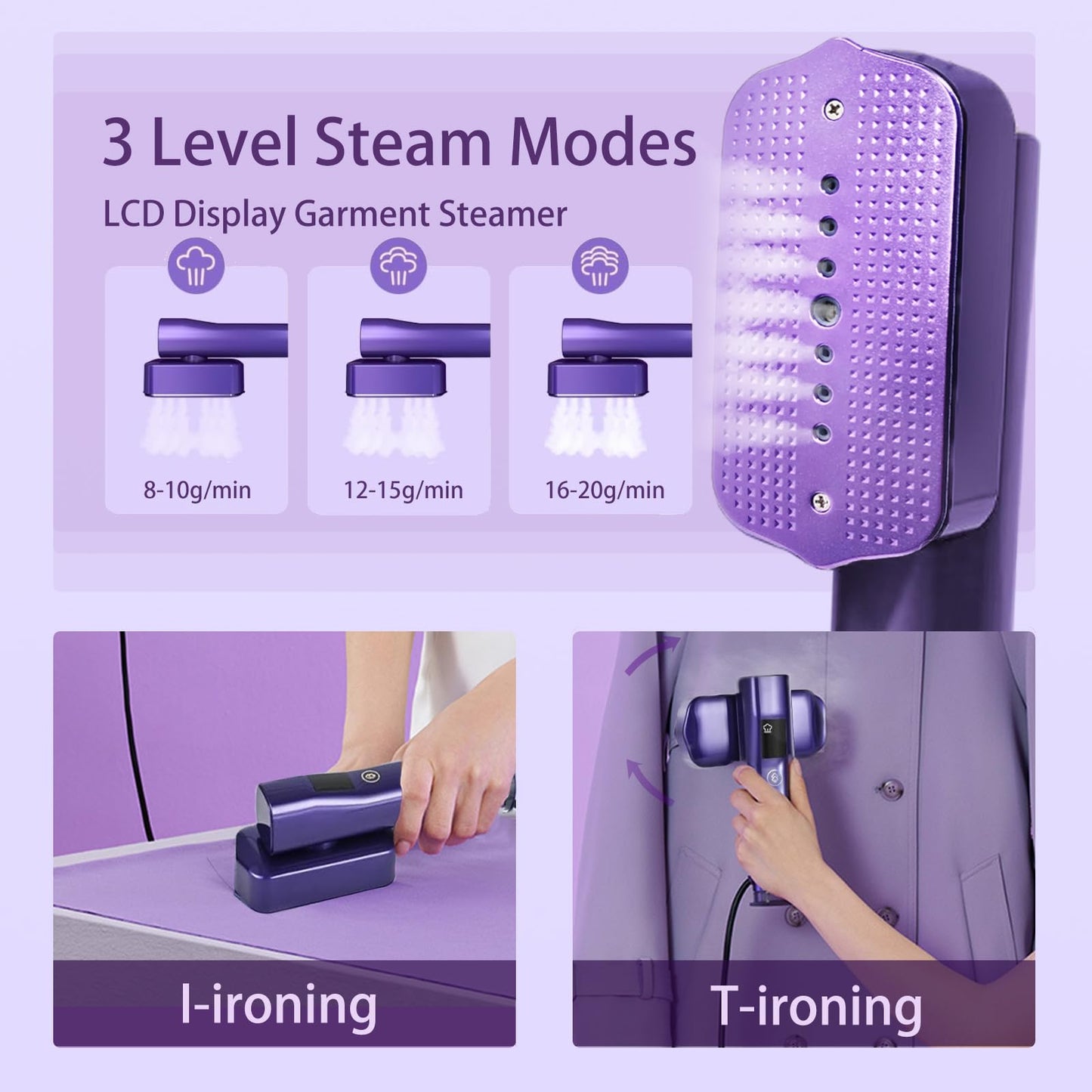 Portable Steamer for Clothes with Handheld Ironing Board, Travel Handheld Garments Steamer Mini Iron 1200W Small Size for Travel Home College Use, Fast Heat-Up, LCD Display, Rotatable Head