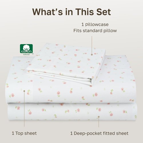 California Design Den Twin XL Bed Sheets Set - 100% Cotton, 400 Thread Count, Smooth Sateen Finish, Floral Design