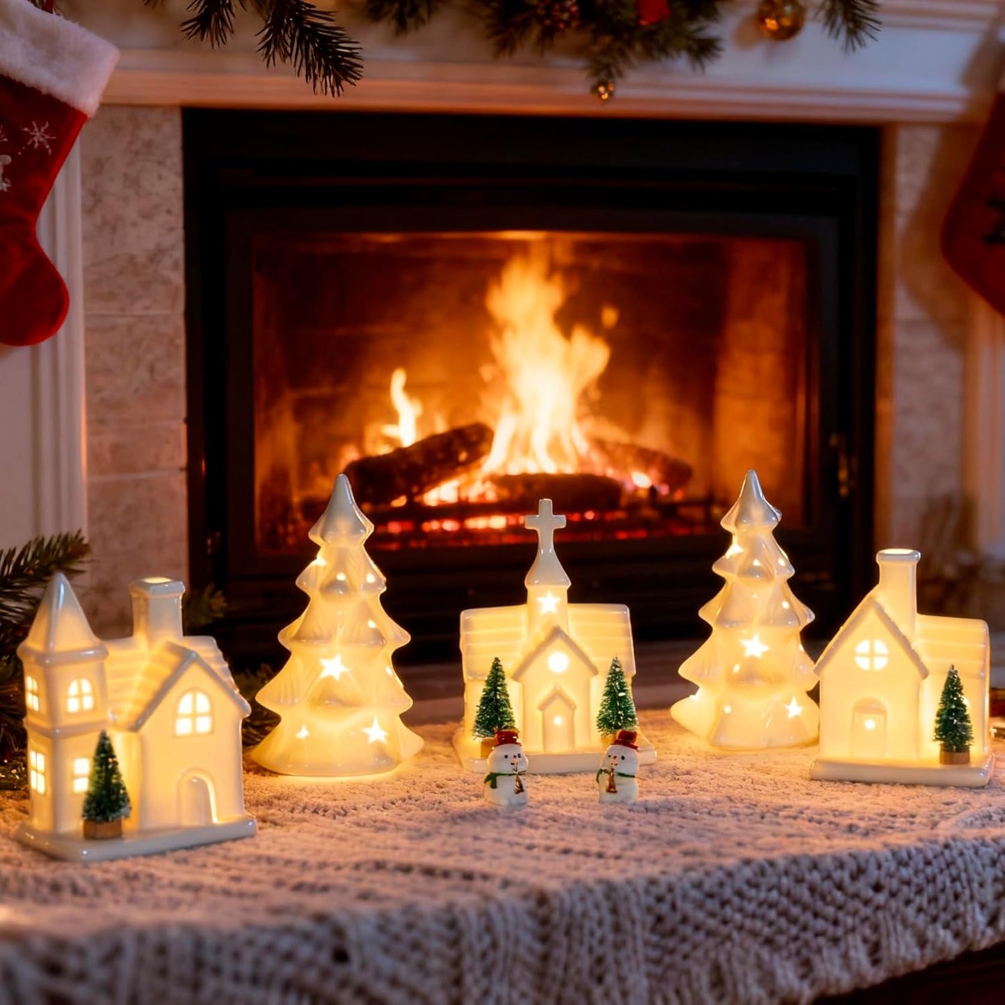 Skiennix Christmas Village Set - 11 Pcs Ceramic Decoration with 3 Lighted Houses & 2 Trees | Festive Tabletop Decor