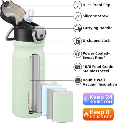 BJPKPK Stainless Steel Insulated Water Bottle - 18oz Reusable Thermal Flask with Straw Lid | Sage Color