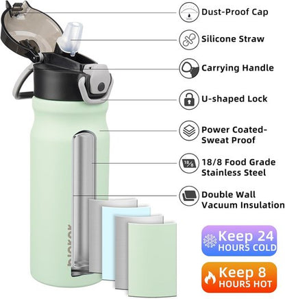 BJPKPK Stainless Steel Insulated Water Bottle - 18oz Reusable Thermal Flask with Straw Lid | Sage Color