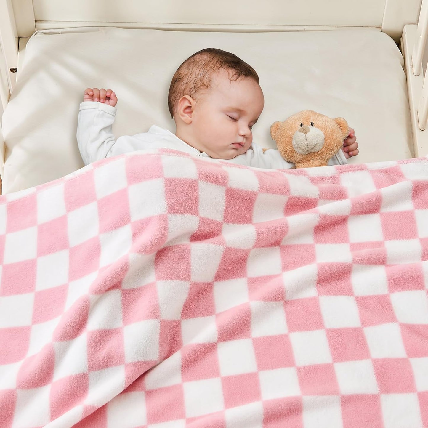 Yurhap Checkered Baby Blanket - Soft Pink Fleece for Girls & Boys | Lightweight 30''x40'' Comfort Blanket