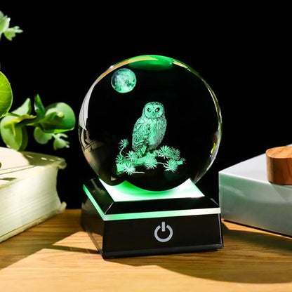Arikyrist 3D Owl Crystal Ball Figurine - LED Base Night Light Gift for Owl Lovers | 80mm Decorative Glass Globe