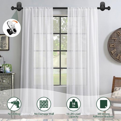 KAMANINA Curtain Rods No Drilling for Windows 32 to 86 Inches, 5/8 Inch Adjustable Renter Friendly Curain Rod with 3M Adhesive Brackets without Drilling, Black
