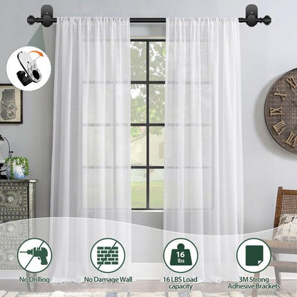 KAMANINA Curtain Rods No Drilling for Windows 32 to 86 Inches, 5/8 Inch Adjustable Renter Friendly Curain Rod with 3M Adhesive Brackets without Drilling, Black