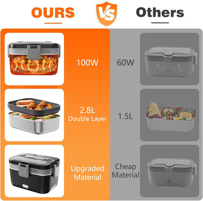 Skiennix Electric Lunch Box - 2.8L Double Layer Food Heater for Home, Office & Travel - Black