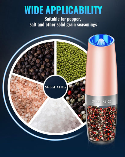 Gravity Electric Pepper and Salt Grinder Set, Adjustable Coarseness, Battery Powered with LED Light, One Hand Automatic Operation, Coral, 2 Pack