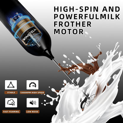 Skiennix Rechargeable Electric Milk Frother - Powerful Handheld Whisk with USB-C Charging Stand | Ideal for Lattes, Hot Chocolate, Matcha