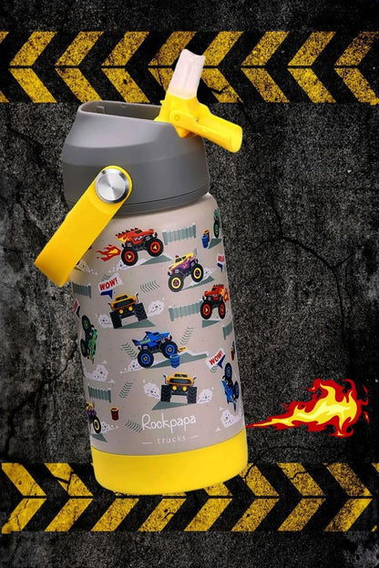 Rockpapa 14 Oz Kids Insulated Water Bottle - Stainless Steel, BPA-Free, Leak-Proof | Grey Trucks Design