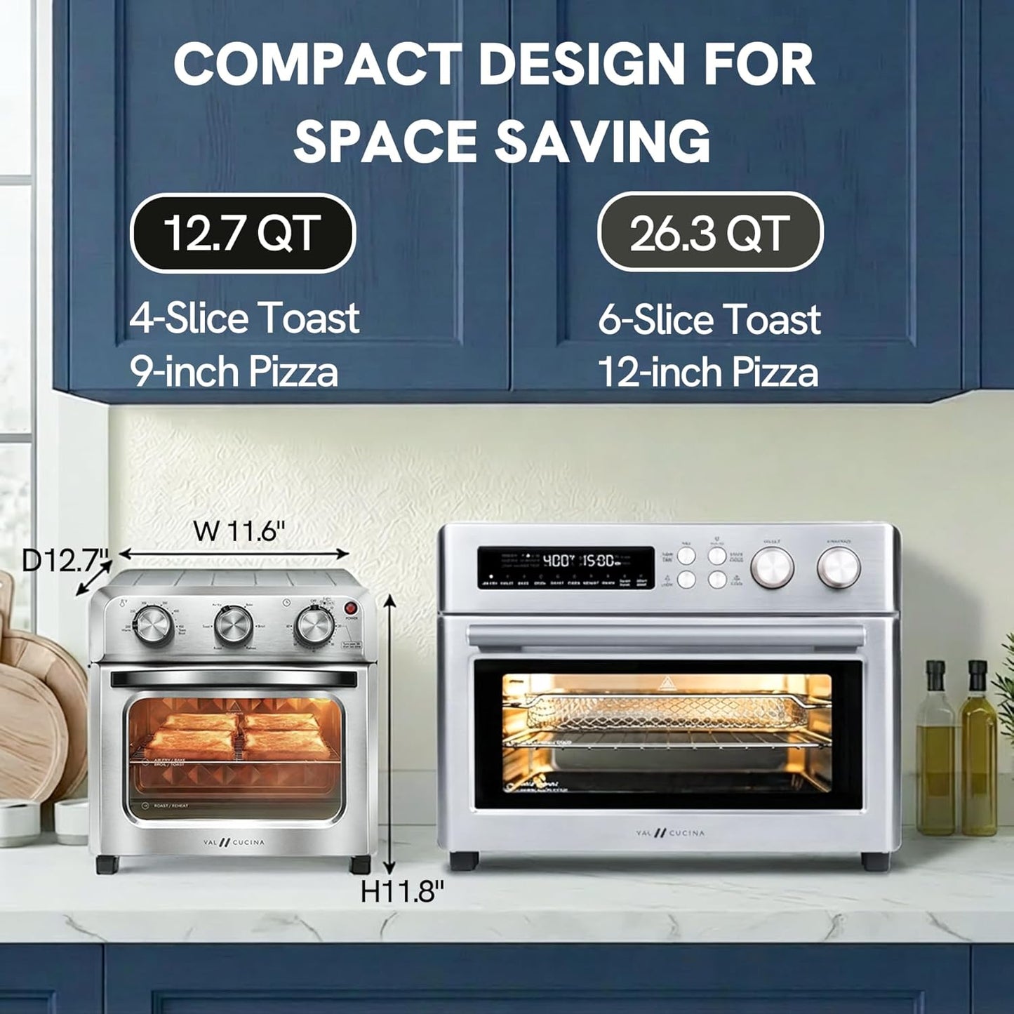 VAL CUCINA 6-in-1 Air Fryer Toaster Oven Combo - Compact 12.7 QT Convection Oven for 9" Pizza & 4 Toast