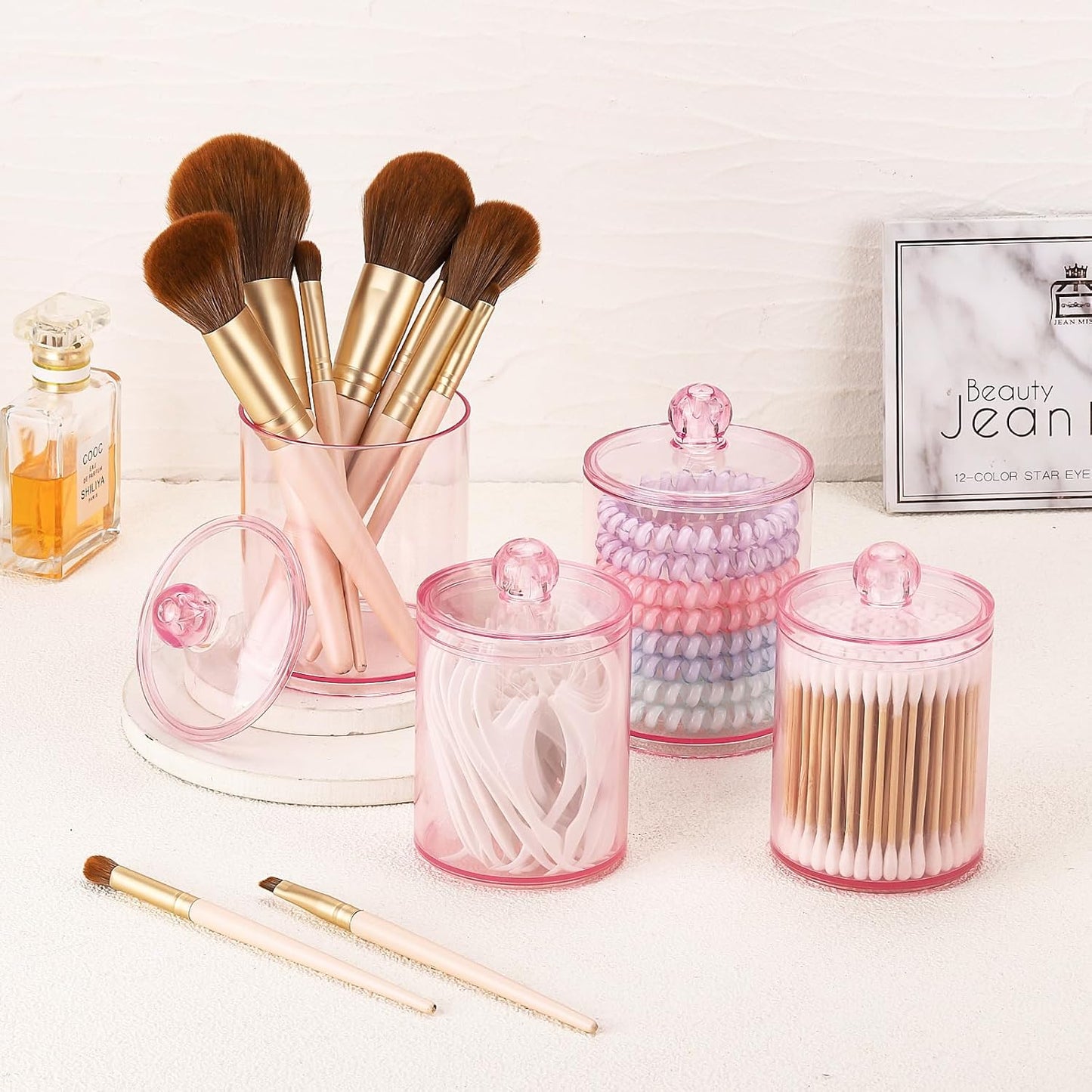 Tbestmax Qtip Holder Set - 4 Pack Pink Plastic Apothecary Jars for Bathroom Organization | 12 oz & 10 oz