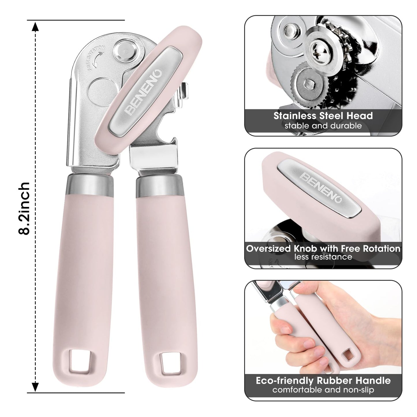 Can Opener Manual, Can Opener with Magnet, Hand Can Opener with Sharp Blade Smooth Edge, Handheld Can Openers with Big Effort-Saving Knob, Can Opener with Multifunctional Bottles Opener, Light Pink