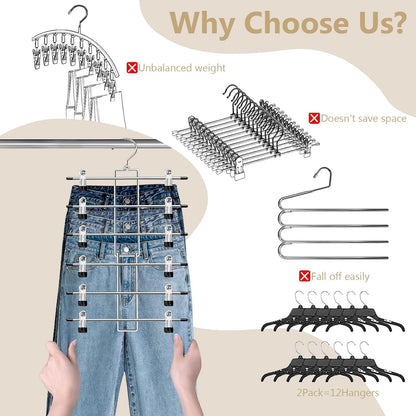 Skiennix Pants Hangers with Clips - Space-Saving 6-Tier Closet Organizer | 360° Swivel Hook - 4 Pack