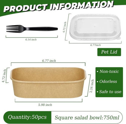 DI QIU REN 50-Pack 25oz Paper Bowls - Disposable Meal Prep Containers with Lids & Forks | Kraft Rectangular Design