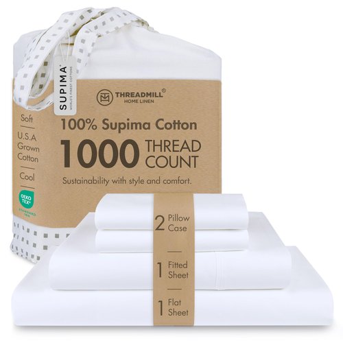 Threadmill 100% American Supima Cotton Sheets, Queen Sheet Set 1000 Thread Count Luxury 4 PC Luxury Bedding Set, Hotel Quality Sateen Weave, Hotel White Sheets with Elasticized Deep Pocket