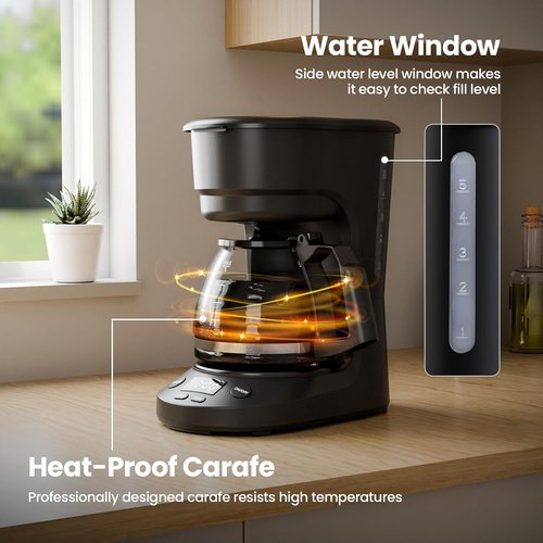 Kismile 5-Cup Drip Coffee Maker - Compact Design with LED Display & Auto Shut-Off | Ideal for Home & Office (Black)