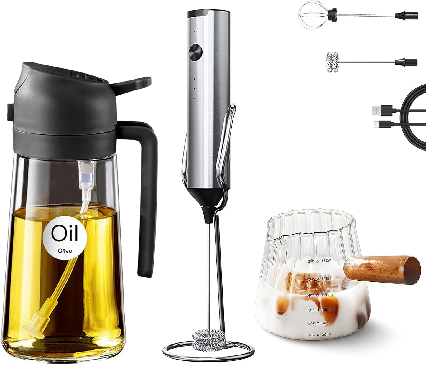 YARRAMATE Glass Olive Oil Sprayer - 16oz with Black Finish | Includes 180ml Measuring Cup & Frother