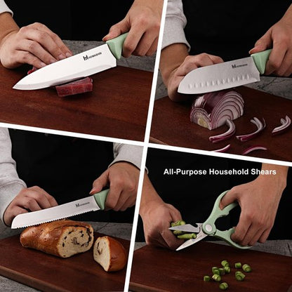 Knife Set With Block,Howashin14 Pieces Kitchen Knives Set With Block,High Carbon German Stainless Steel Knife Set With Sharpener Rod,Scissor and Peeler as A Gift,Green Knife Block Set