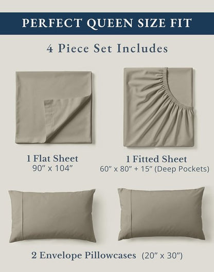 Lane Linen 100% Organic Cotton Queen Sheets - Soft, Naturally Cooling Percale Set in Silver