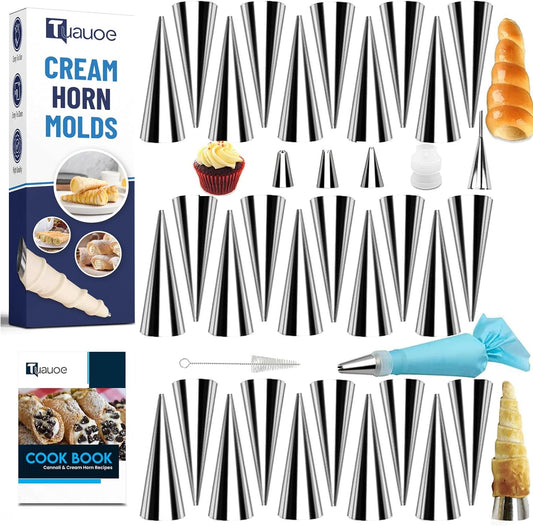 Skiennix Cream Horn Molds Set - 38 Non-Stick Stainless Steel Cone Forms with Cleaning Brush & Piping Bag