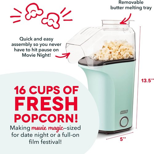Dash Fresh Pop Popcorn Maker - Oil-Free Air Popper with Measuring Cup & Recipe Guide - Aqua, 16 Cups (Pack of 4)