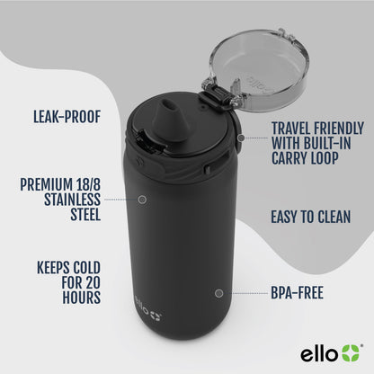 Ello Cooper 18oz Stainless Steel Water Bottle with Straw and Carry Handle, Double Walled and Vacuum Insulated Metal, Leak Proof Locking Lid with Soft Silicone Spout, Reusable, BPA Free, Black