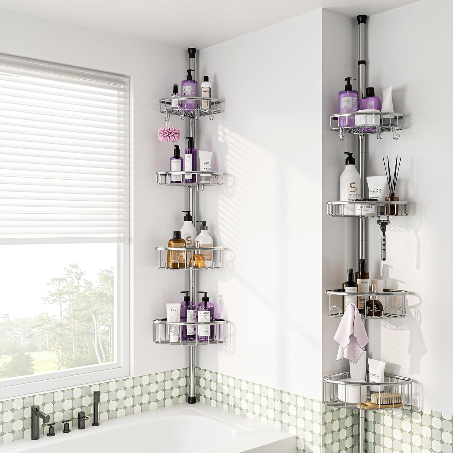Stainless Steel Corner Shower Caddy by [Brand Name] - Rustproof 4-Tier Tension Pole Organizer | Adjustable 47-121 Inch for Bathtub & Shampoo Storage - Silver