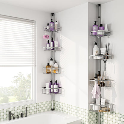 Stainless Steel Corner Shower Caddy by [Brand Name] - Rustproof 4-Tier Tension Pole Organizer | Adjustable 47-121 Inch for Bathtub & Shampoo Storage - Silver