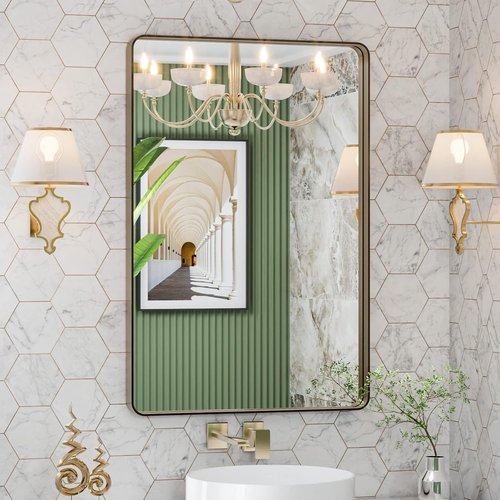 LOAAO Bronze Bathroom Mirror - 24”x32” Rounded Rectangle Design with Anti-Rust Brushed Metal Frame | Versatile Hanging Options