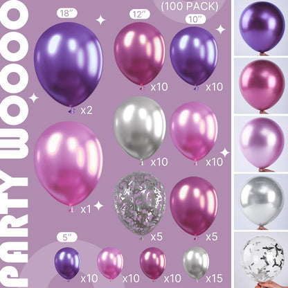 PartyWoo Balloon Garland - 100 Pcs Pink & Purple Metallic Balloons | 18", 12", 10", 5" Sizes for Birthday & Party Decor