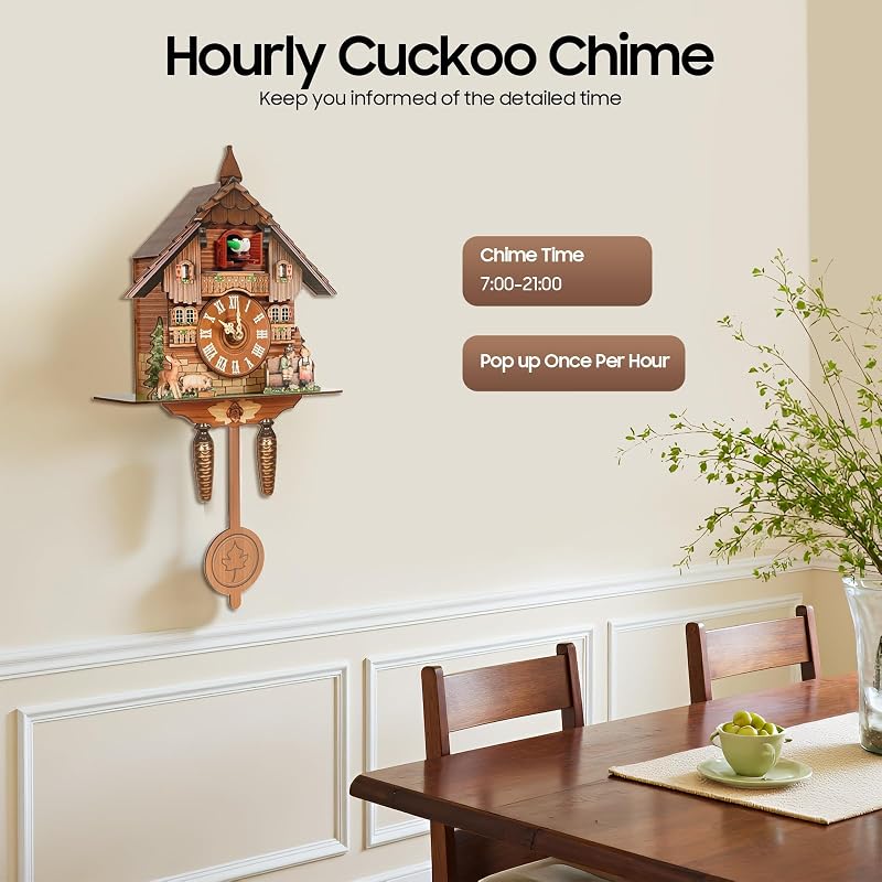Wall Mounted Cuckoo Clock with Pendulum, Battery-Operated, Adjustable Volume