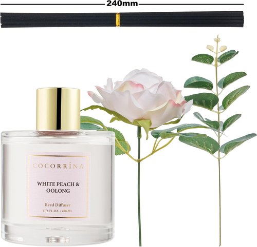 Cocorrína Flower Reed Diffuser - White Peach & Oolong 6.7oz Scented Home Fragrance with Sticks | Elegant Decor