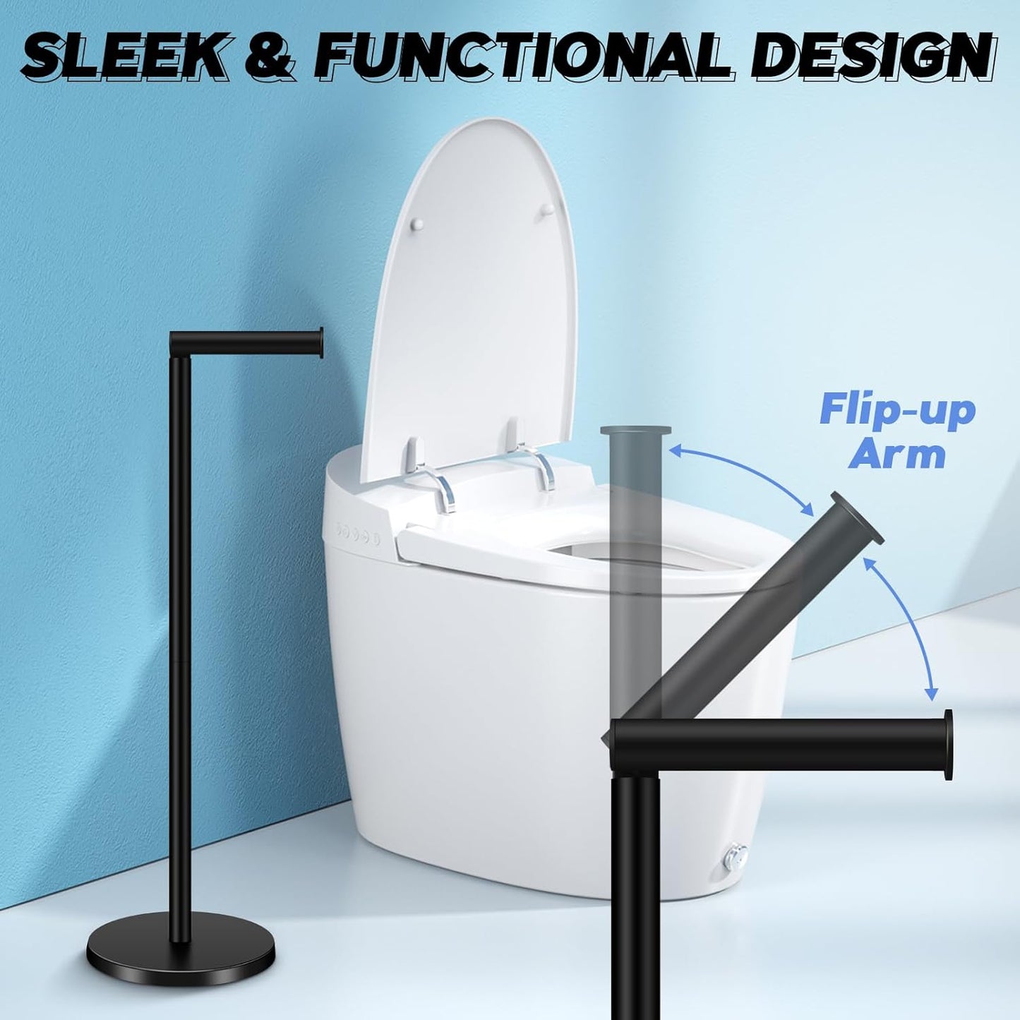TACGEA Toilet Paper Holder - Free Standing Stainless Steel Design | Holds 4 Rolls - Matte Black