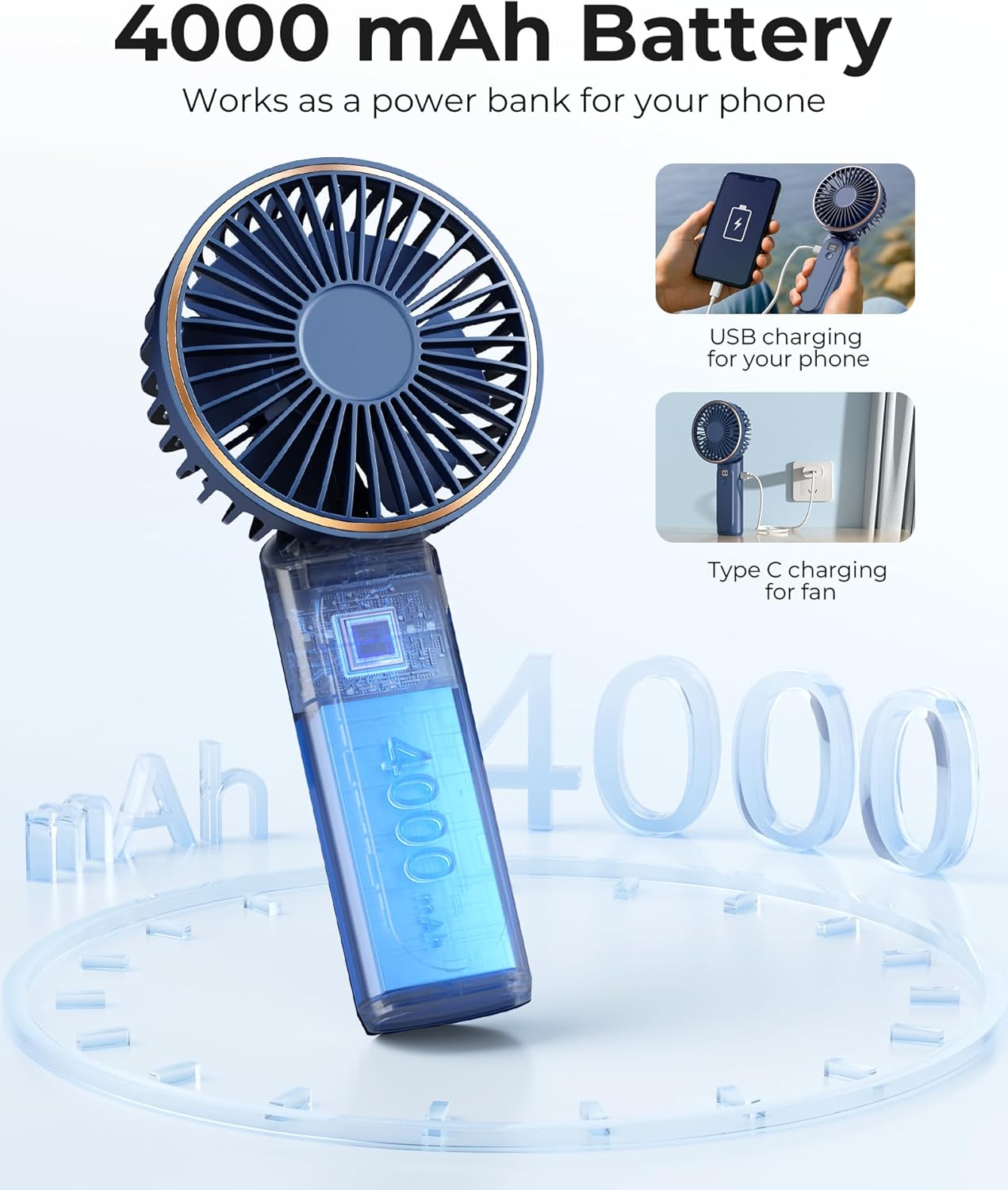TUNISE Portable Handheld Fan - Rechargeable 4000mAh Battery | 180° Adjustable, 6-Speed, Quiet Design