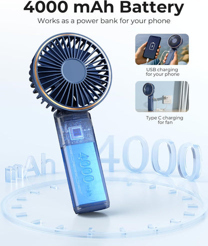 TUNISE Portable Handheld Fan - Rechargeable 4000mAh Battery | 180° Adjustable, 6-Speed, Quiet Design
